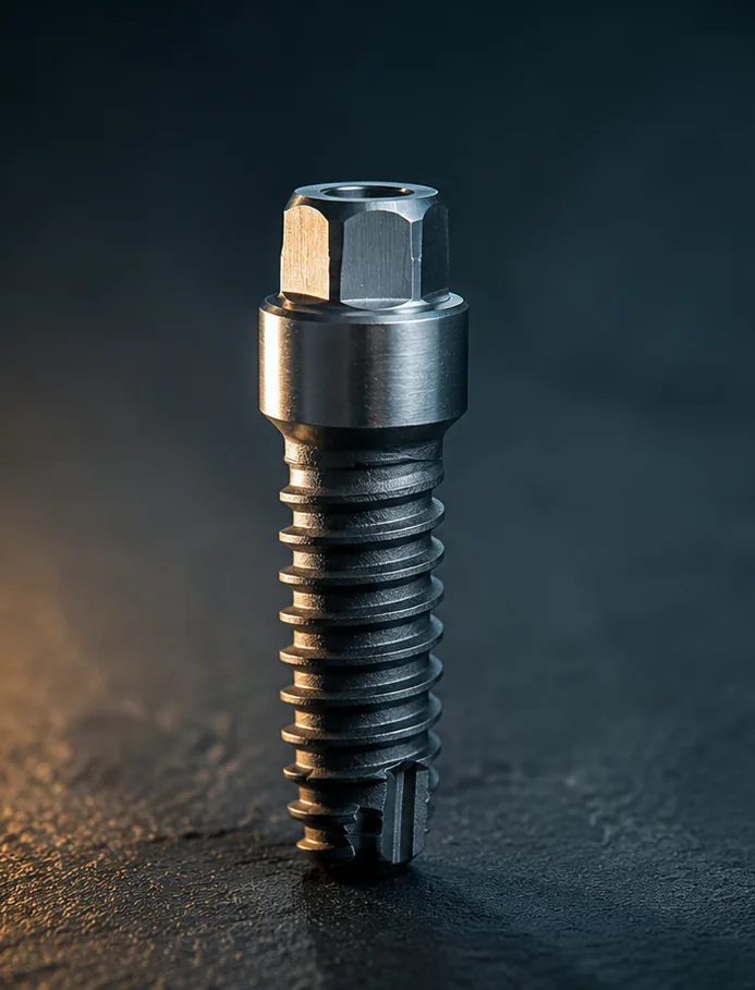 A titanium dental implant fixture standing upright on a dark surface, showing the threaded post and the collar where the abutment attaches.